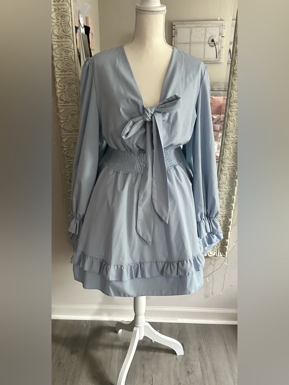 Women’s Light Blue Asymmetrical Tie-Neck Dress